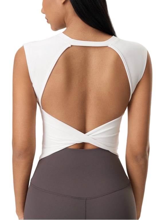 Women Twist Back Workout Top with Built in Bra Cap Sleeve Pilates Yoga Crop Open Back Sports Top Athletic Gym Tight Shirt