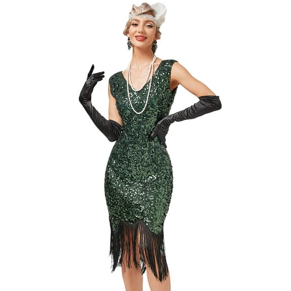 IDOPIP Women’s 1920s Flapper Dress Vintage Gatsby Sequins Fringe Dress Cocktail Evening Gown