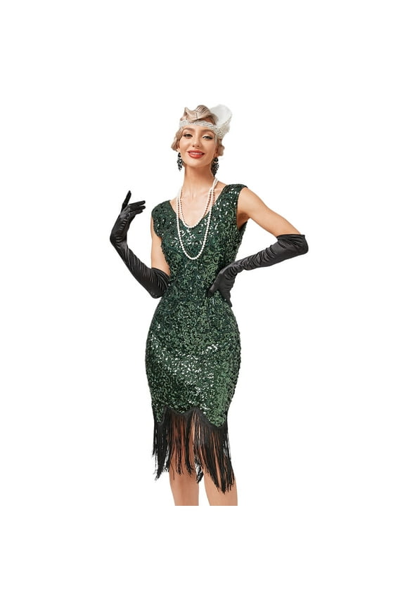 Women’s 1920s Flapper Dress Vintage Gatsby Sequins Fringe Dress Cocktail Evening Gown