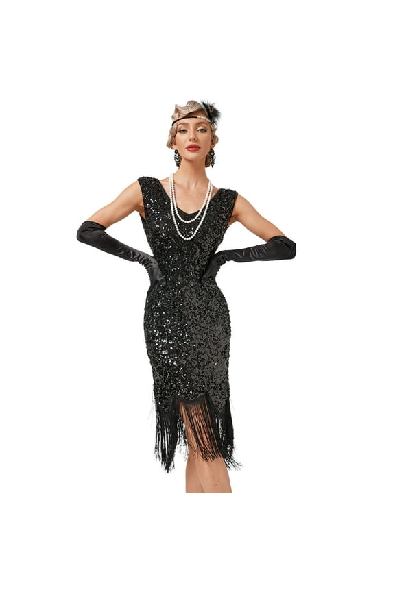 Women’s 1920s Flapper Dress Vintage Gatsby Sequins Fringe Dress Cocktail Evening Gown