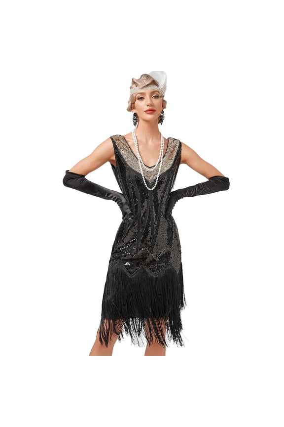 Women’s 1920s Flapper Dress Vintage Gatsby Sequins Fringe Dress Cocktail Evening Gown