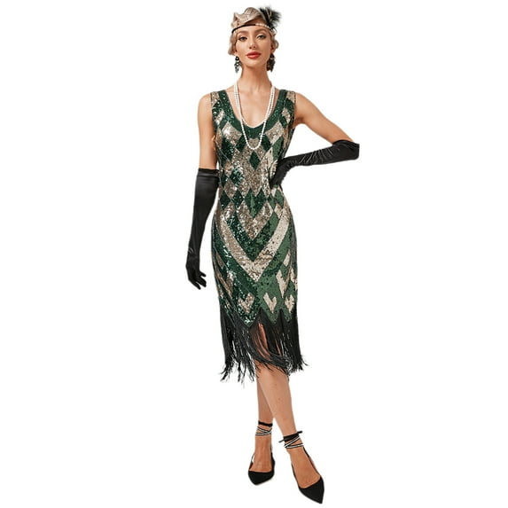 IDOPIP Women’s 1920s Flapper Dress Vintage Gatsby Sequins Fringe Dress Cocktail Evening Gown