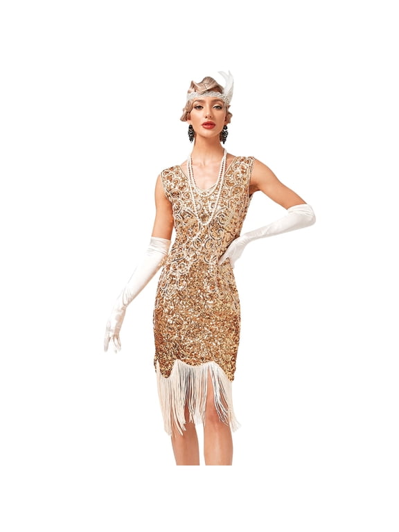 Women’s 1920s Flapper Dress Vintage Gatsby Sequins Fringe Dress Cocktail Evening Gown