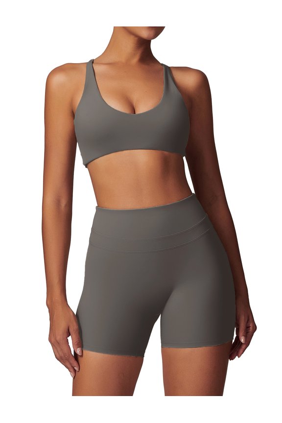 Women's 2 Piece Yoga Sets with Seamless Sports Bra and High Waist Shorts for Workout & Gym L Dark blue-gray