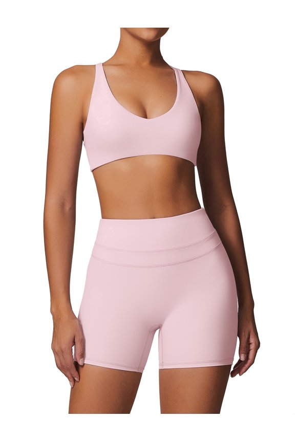 Women's 2 Piece Yoga Sets with Seamless Sports Bra and High Waist Shorts for Workout & Gym L Pink