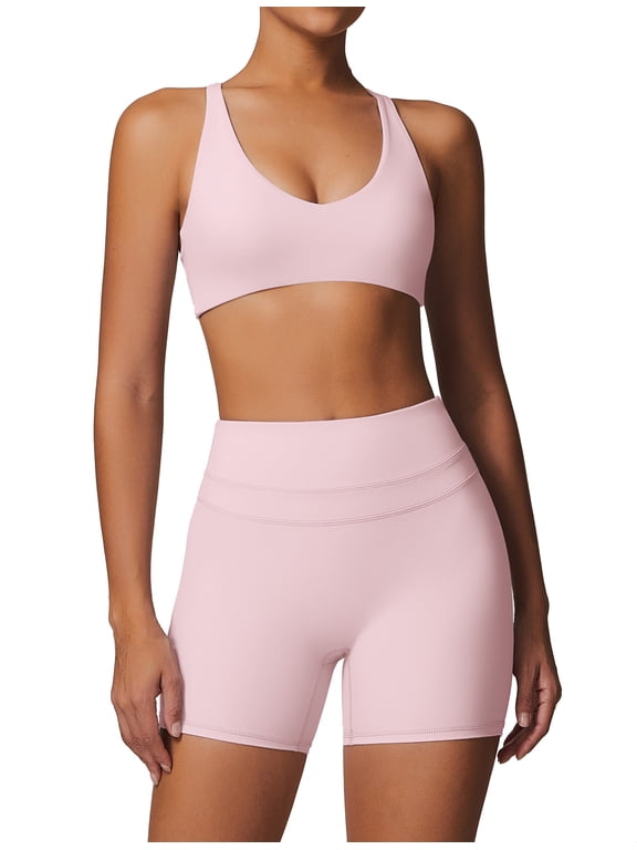 Women's 2 Piece Yoga Sets with Seamless Sports Bra and High Waist Shorts for Workout & Gym L Pink