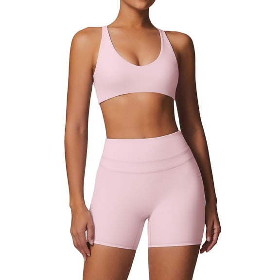 IDOPIP Women's 2 Piece Yoga Sets with Seamless Sports Bra and High Waist Shorts for Workout & Gym M Pink