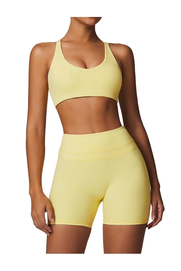 Women's 2 Piece Yoga Sets with Seamless Sports Bra and High Waist Shorts for Workout & Gym M Yellow