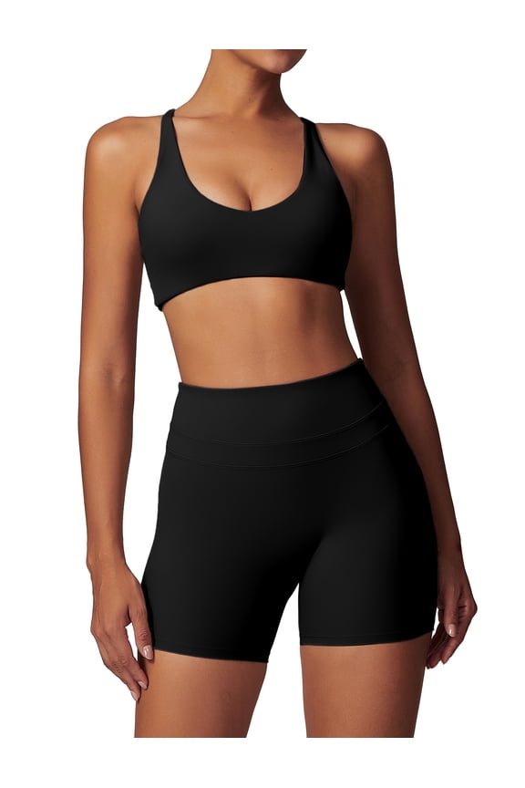 Women's 2 Piece Yoga Sets with Seamless Sports Bra and High Waist Shorts for Workout & Gym S Black