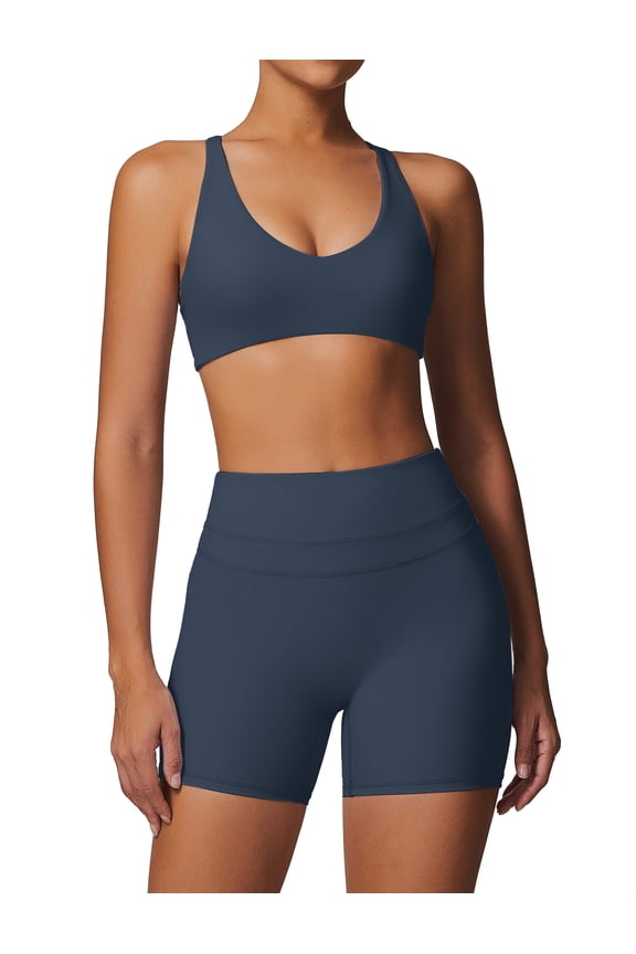 Women's 2 Piece Yoga Sets with Seamless Sports Bra and High Waist Shorts for Workout & Gym S Navy blue