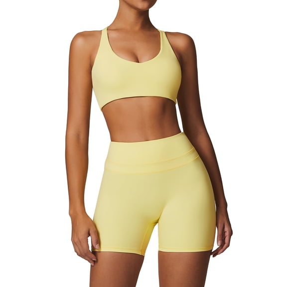 IDOPIP Women's 2 Piece Yoga Sets with Seamless Sports Bra and High Waist Shorts for Workout & Gym S Yellow