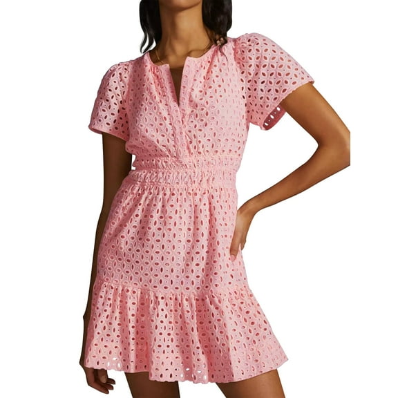 IDOPIP Women's 2025 Summer Short Dress V Neck Short Sleeve A Line Hollow Out Casual Beach Party Dresses