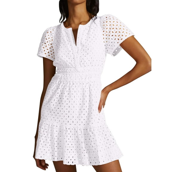 IDOPIP Women's 2025 Summer Short Dress V Neck Short Sleeve A Line Hollow Out Casual Beach Party Dresses