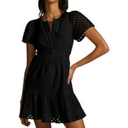 IDOPIP Women's 2025 Summer Short Dress V Neck Short Sleeve A Line Hollow Out Casual Beach Party Dresses