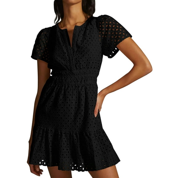 IDOPIP Women's 2025 Summer Short Dress V Neck Short Sleeve A Line Hollow Out Casual Beach Party Dresses