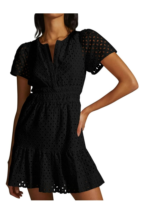 Women's 2025 Summer Short Dress V Neck Short Sleeve A Line Hollow Out Casual Beach Party Dresses