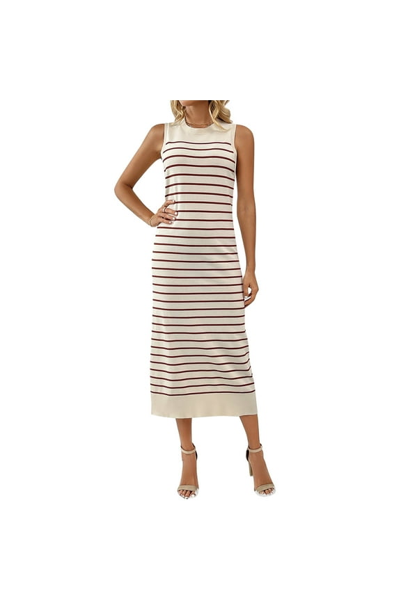 Women's 2025 Summer Sleeveless Striped Bodycon Midi Dress Crew Neck Slim Ribbed Knit Dresses