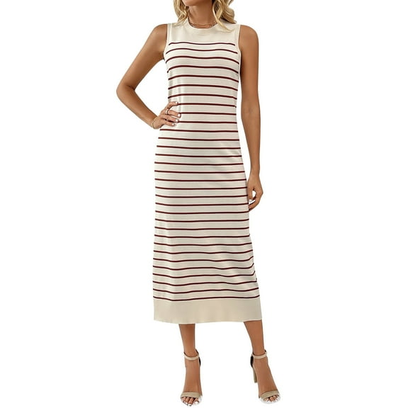 IDOPIP Women's 2025 Summer Sleeveless Striped Bodycon Midi Dress Crew Neck Slim Ribbed Knit Dresses