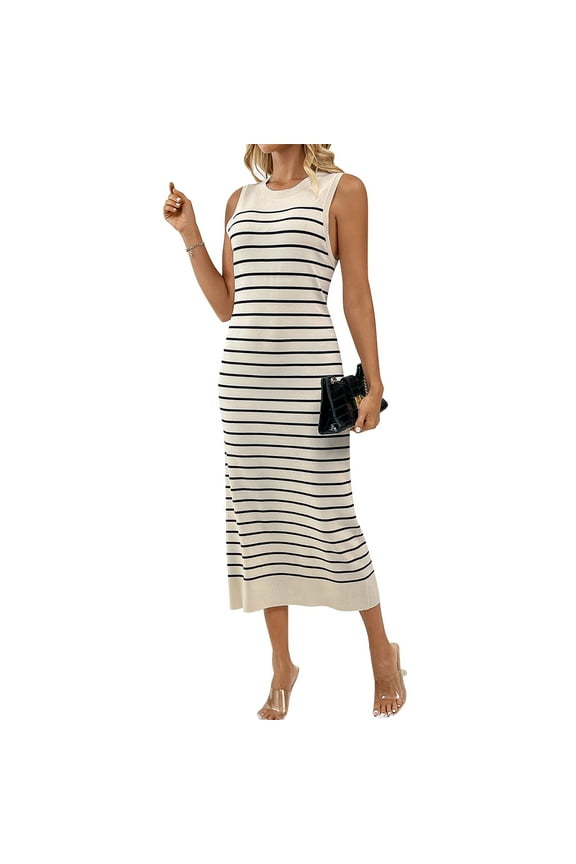 Women's 2025 Summer Sleeveless Striped Bodycon Midi Dress Crew Neck Slim Ribbed Knit Dresses