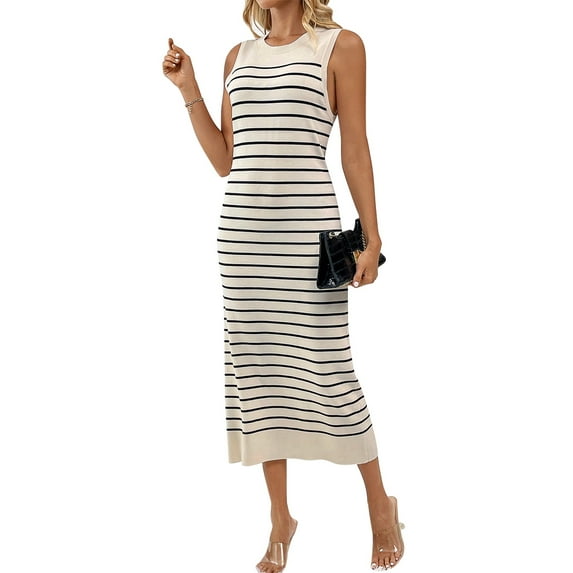 IDOPIP Women's 2025 Summer Sleeveless Striped Bodycon Midi Dress Crew Neck Slim Ribbed Knit Dresses