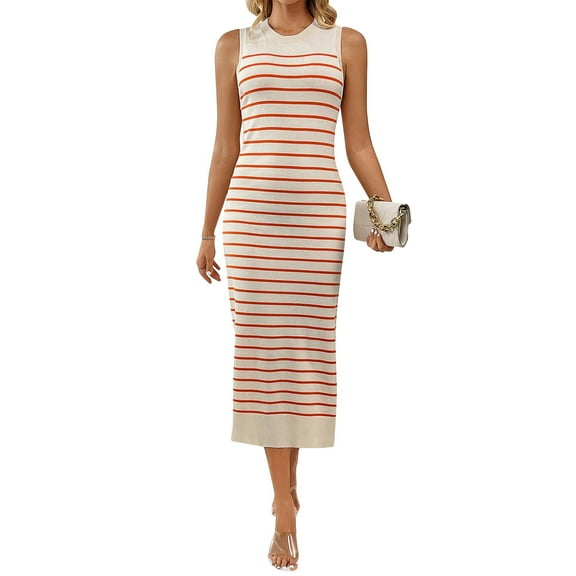 IDOPIP Women's 2025 Summer Sleeveless Striped Bodycon Midi Dress Crew Neck Slim Ribbed Knit Dresses