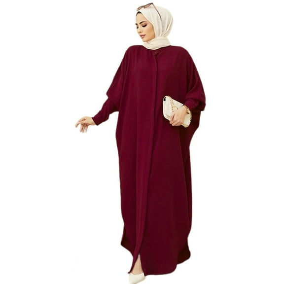 IDOPIP Women's Abaya Muslim Dresses Batwing Sleeve Henley Shirt Prayer Dress Middle East Arabian Robe