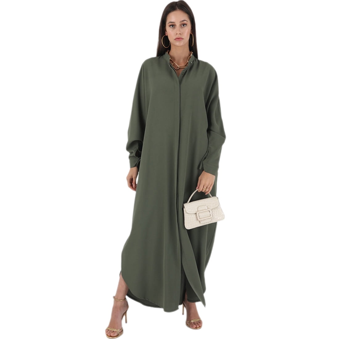 IDOPIP Women's Abaya Muslim Dresses Batwing Sleeve Henley Shirt Prayer ...