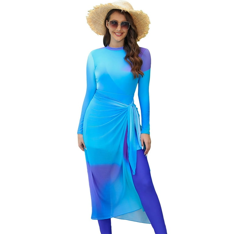 IDOPIP Women s Burkini Swimsuit Muslim Modest Swimwear with Long Sarong Cover up Wrap Skirt