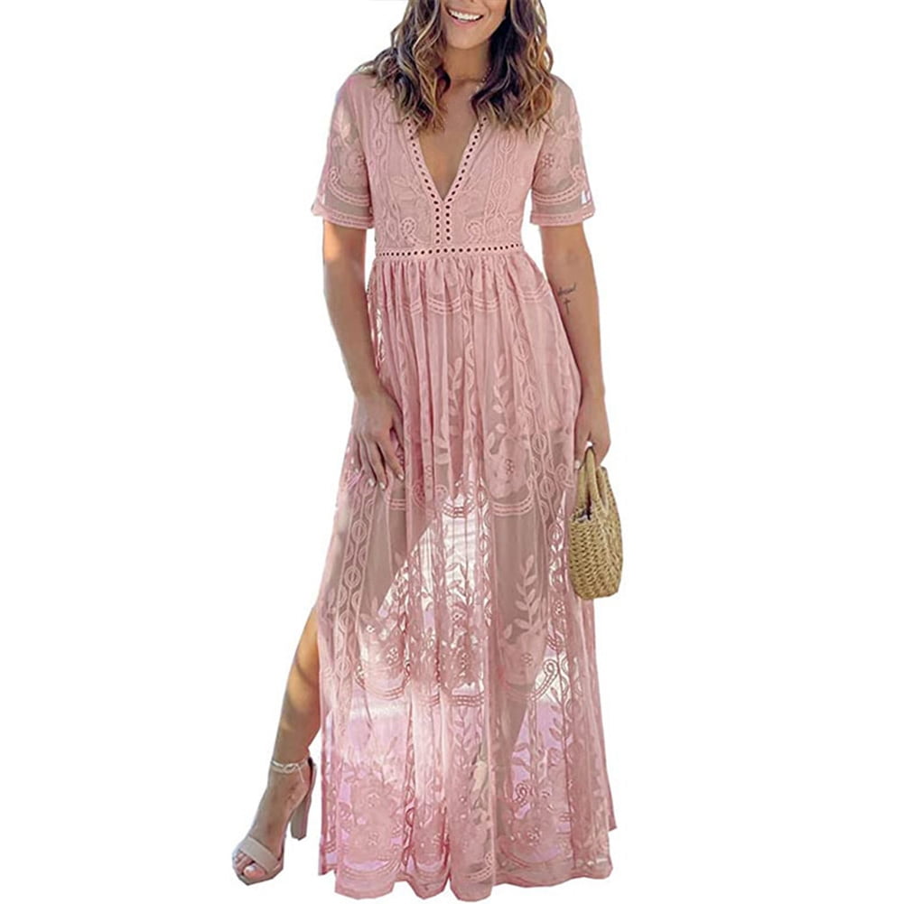 IDOPIP Women's Casual Boho Floral Lace V-Neck Dress Embroidery Cocktail Maxi  Dress Wedding Evening - Walmart.com