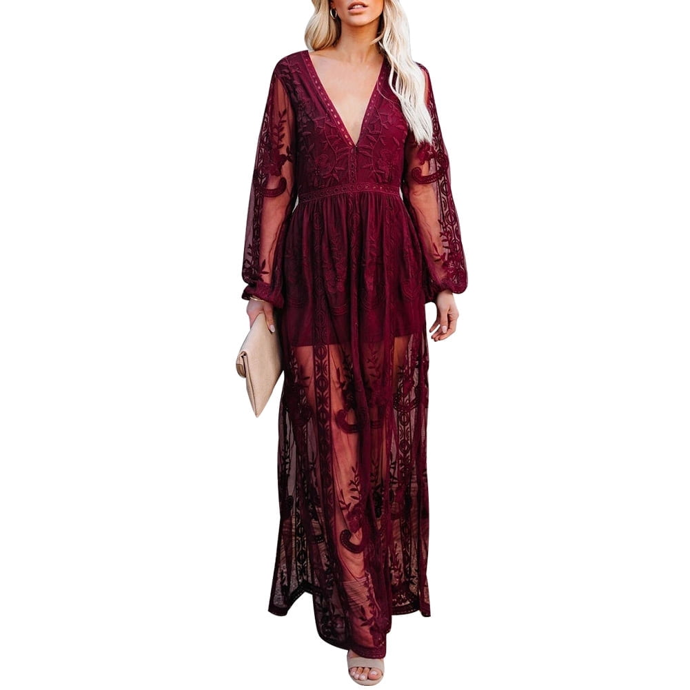 chinese dress ladies Burgundy Smocked Lace Maxi Dress M