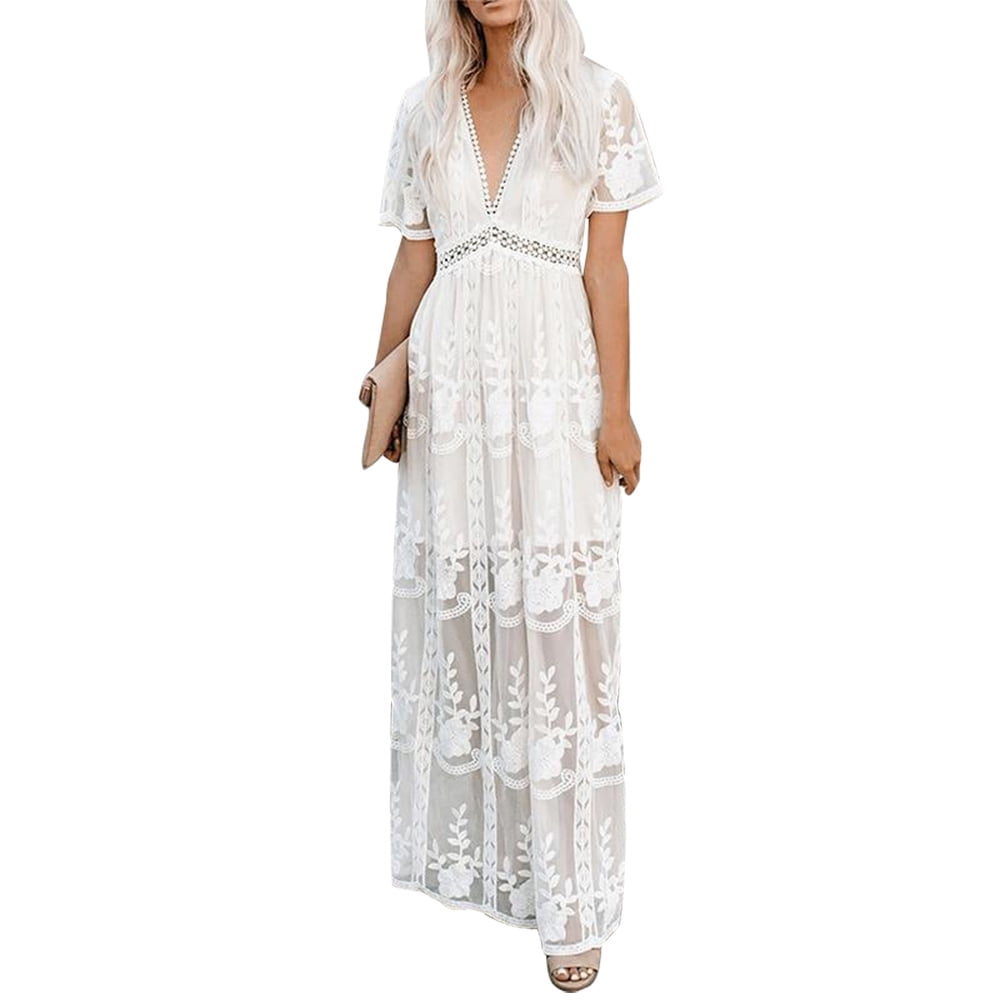 IDOPIP Women’s Casual Boho Floral Lace V-Neck Dress Embroidery Cocktail Maxi Dress Wedding Evening