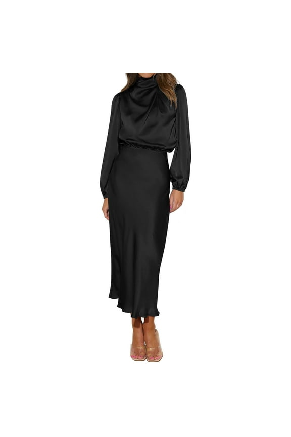 Women's Elegant Long Sleeve Satin Dress Mock Neck Elastic Waist Cocktail Party Maxi Dress