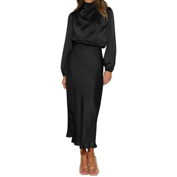 IDOPIP Women's Elegant Long Sleeve Satin Dress Mock Neck Elastic Waist Cocktail Party Maxi Dress