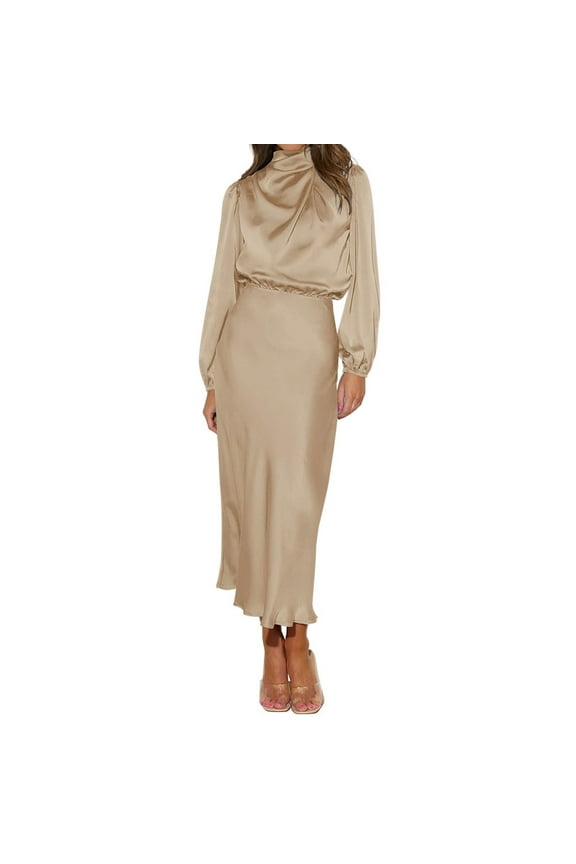 Women's Elegant Long Sleeve Satin Dress Mock Neck Elastic Waist Cocktail Party Maxi Dress