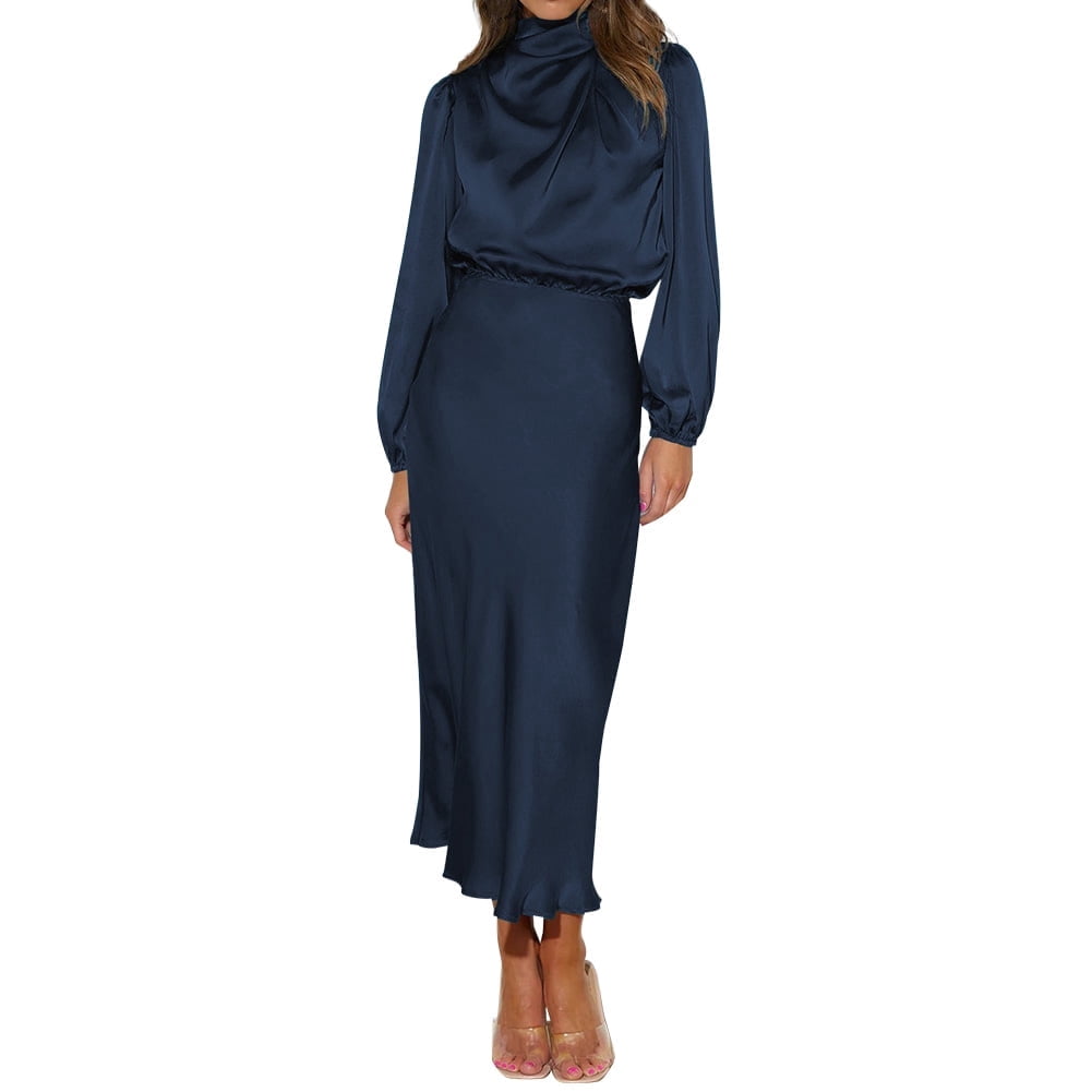 Satin Mock Neck Tie Modern Back Long Sleeve Midi Dress