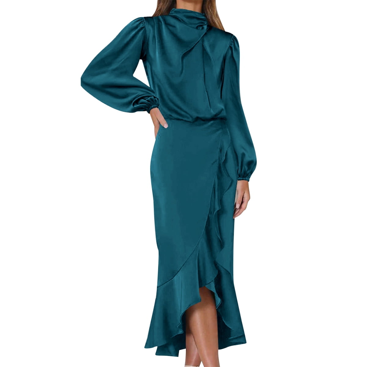 Women's Maxi Dress Satin Pleated V-Neck Long Sleeve Adjustable Waist