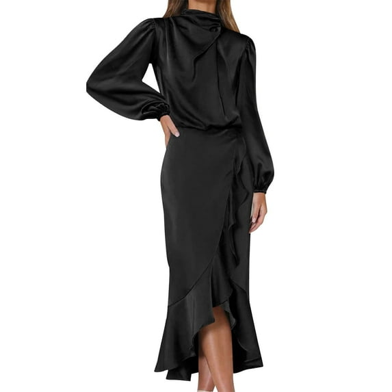 IDOPIP Women's Elegant Long Sleeve Satin Dress Mock Neck Elastic Waist Cocktail Party Maxi Dress
