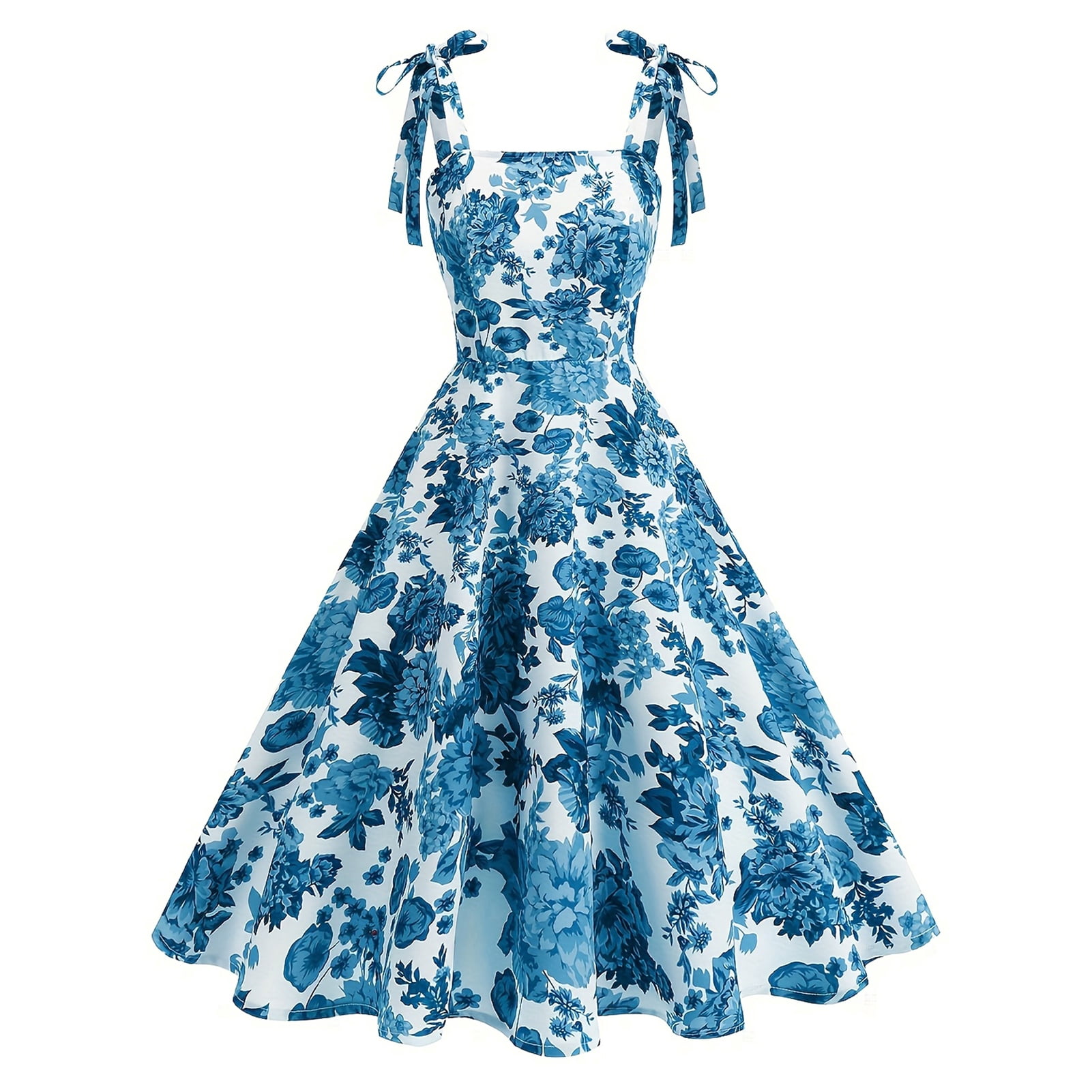 blue 1950s style dress IDOPIP Women's Elegant Rockabilly Retro Tie Knot Square Neck Floral Print Midi Swing Cocktail Dresses L Size:Small/14-14.5 Neck/32-33 Sleeve pair:evian-metal-heel-sandals-black Royal Blue Painted Furniture 35.0 inch / 84