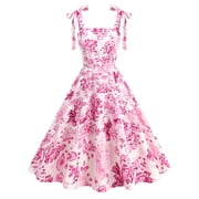 IDOPIP Women's Elegant Rockabilly 1950s Retro Dress Tie Knot Square Neck Floral Print Midi Swing Cocktail Dresses L Pink