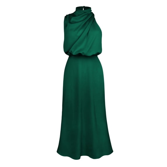 IDOPIP Women's Elegant Sleeveless Satin Dresses Halter Mock Neck Elastic Waist Cocktail Party Dress