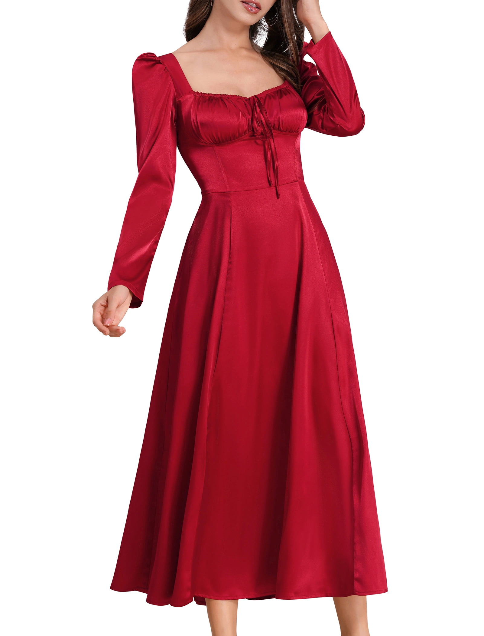 Idopip Women's Fall Floral Corset Dress Long Sleeve Satin Maxi Dress Elegant Wedding Guest Dresses, Size: Small, Red
