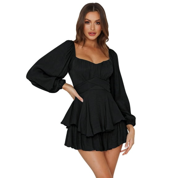 IDOPIP Women's Lantern Short Romper Long Sleeve Ruffle Layer Mini Dress Waist Tie Jumpsuit