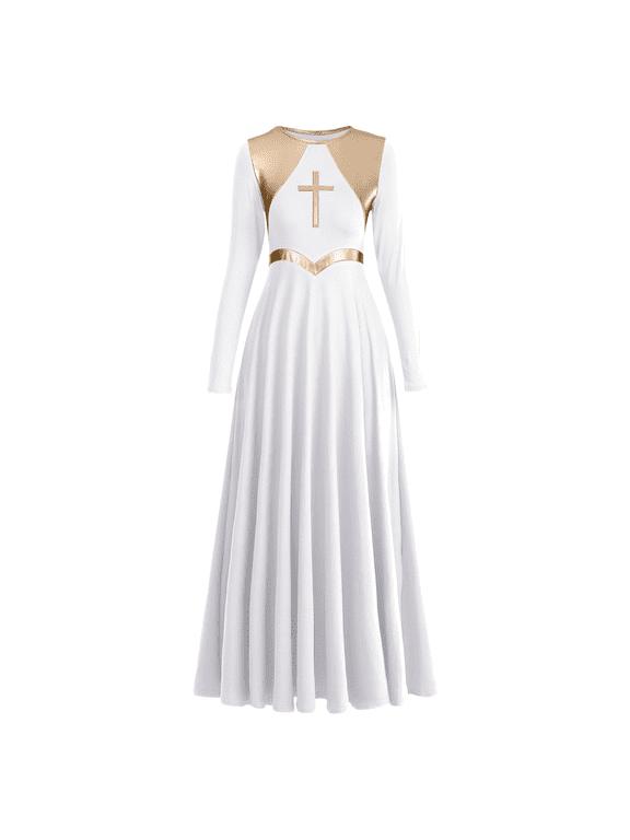 Women's Liturgical Praise Dance Dress Metallic Cross Lyrical Dancewear Robe Worship Costume