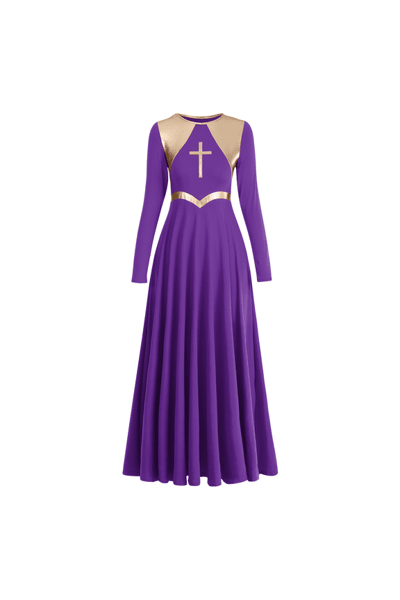 Women's Liturgical Praise Dance Dress Metallic Cross Lyrical Dancewear Robe Worship Costume