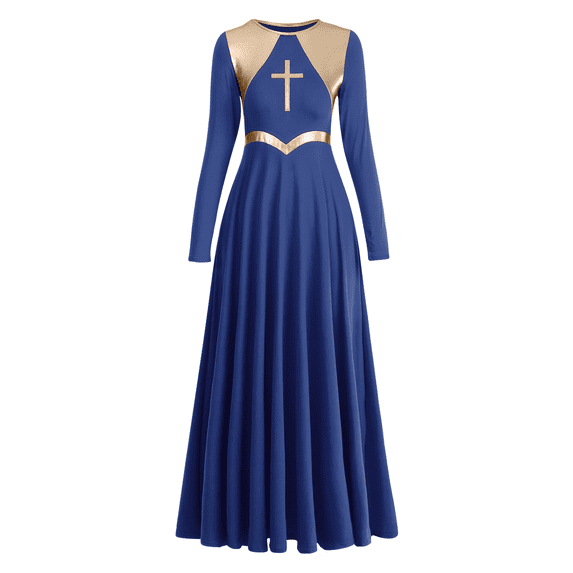 IDOPIP Women's Liturgical Praise Dance Dress Metallic Cross Lyrical Dancewear Robe Worship Costume