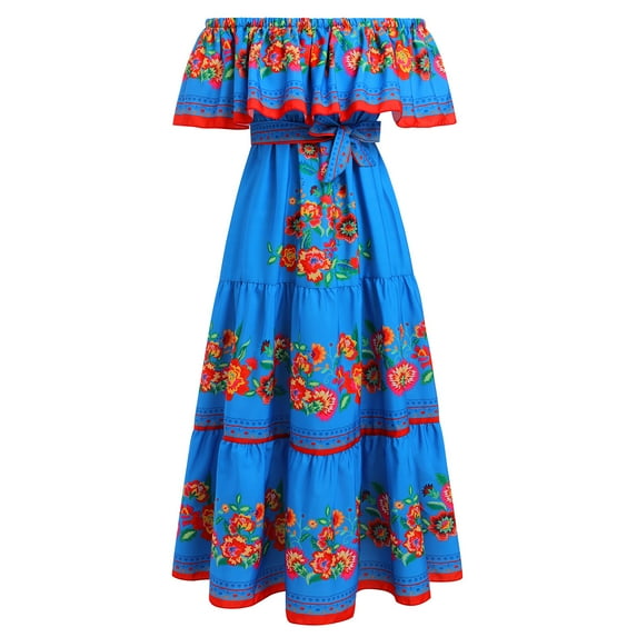 IDOPIP Women's Mexican Dress Off Shoulder Floral Print Maxi Dress S Blue