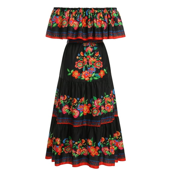 IDOPIP Women's Mexican Dress Off Shoulder Floral Print Maxi Dress XL Black & Floral