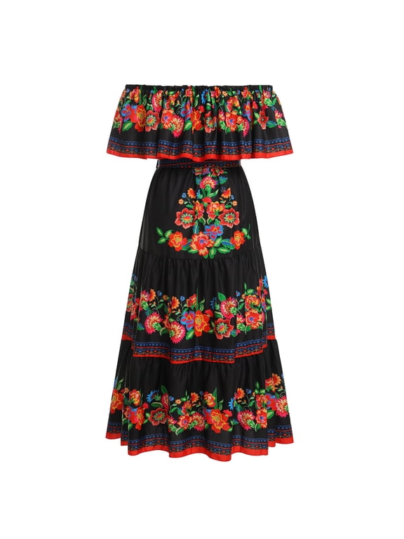 Women's Mexican Dress Off Shoulder Floral Print Maxi Dress XL Black & Floral