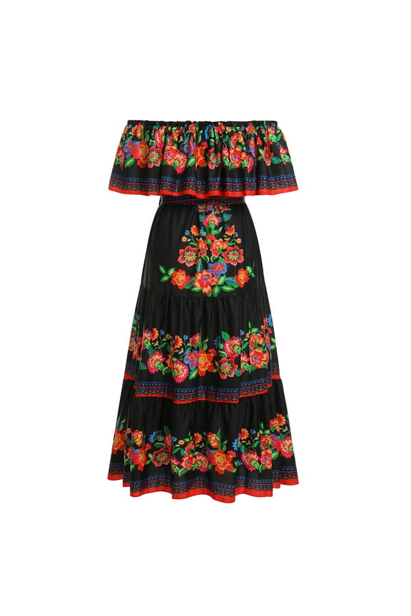 Women's Mexican Dress Off Shoulder Floral Print Maxi Dress XL Black & Floral