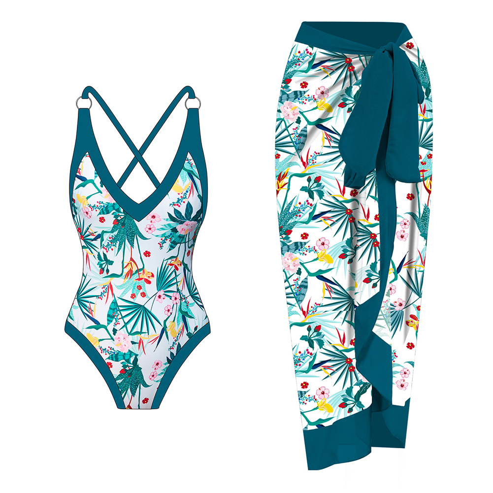 IDOPIP Women's One Piece Swimsuit with Beach Cover Up Wrap Skirt Floral